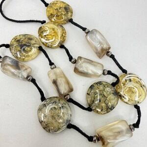 Chunky Resin Bead Long Cord Necklace Boho Marbled Cream Statement Jewelry